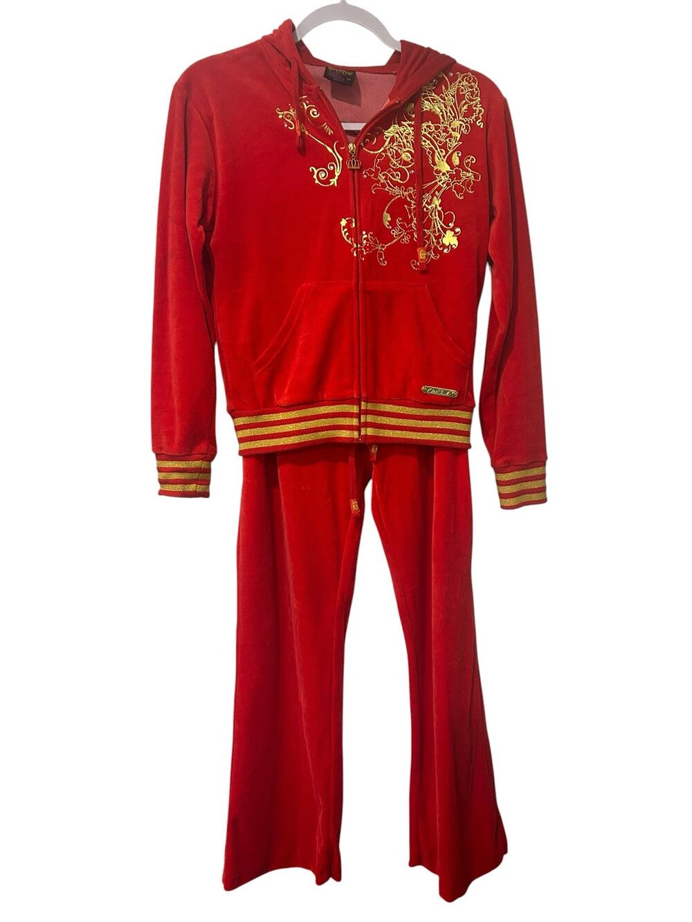 Y2K Old Skool Velour Tracksuit Gold Urban Wear Rhinestone 2 Piece Hip Hop FLAW
